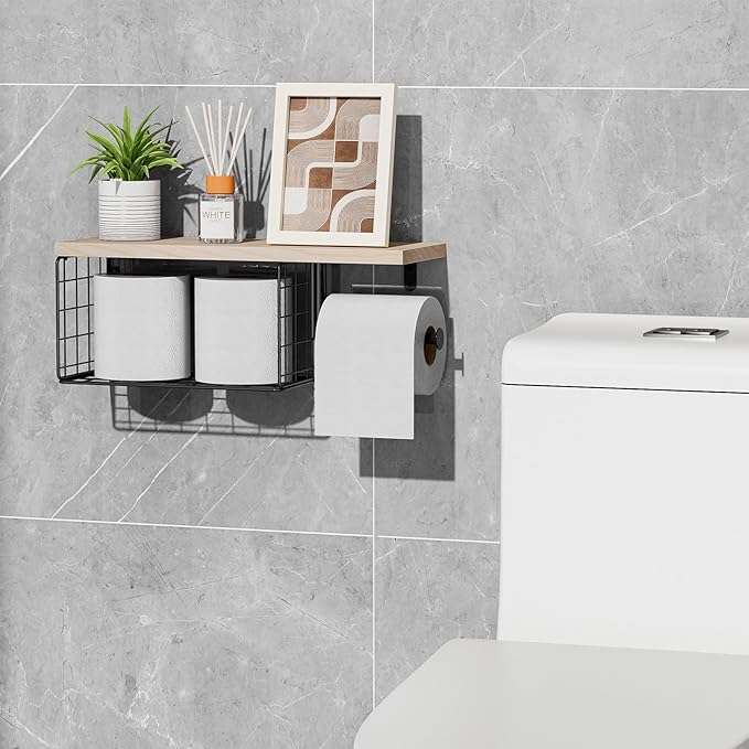 VITVITI Toilet Paper Holder with Shelf, Wall Mounted Toilet Paper Storage Basket, Wood Metal Toilet Roll and Wipes Holder for Bathroom Farmhouse (Natural)
