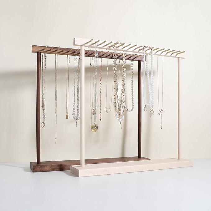 Large necklace hanger shelf with 17 copper bars, Wooden jewelry storage organizer rack for hanger necklace bracelet, necklace display stand for boutique store【Walnut】