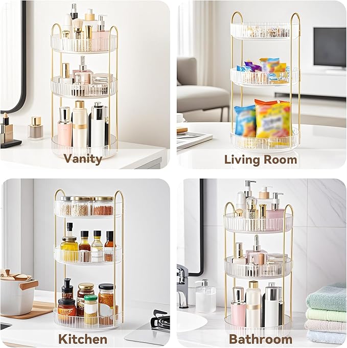 360° Rotating Makeup Organizer for Vanity, 3 Tier Perfume Organizers Skincare Organizers and Storage for Bathroom Countertop, Spinning Cosmetic Organizer for Bedroom Dresser Counter (Clear)
