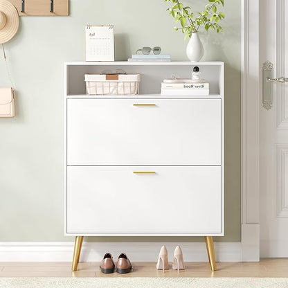 Entryway Shoe Cabinet, White Shoe Storage Cabinet with 2 Flip Doors and Shelf, Narrow Hidden Shoe Organizer Cabinet Slim, Freestanding Shoe Rack for Entryway, White
