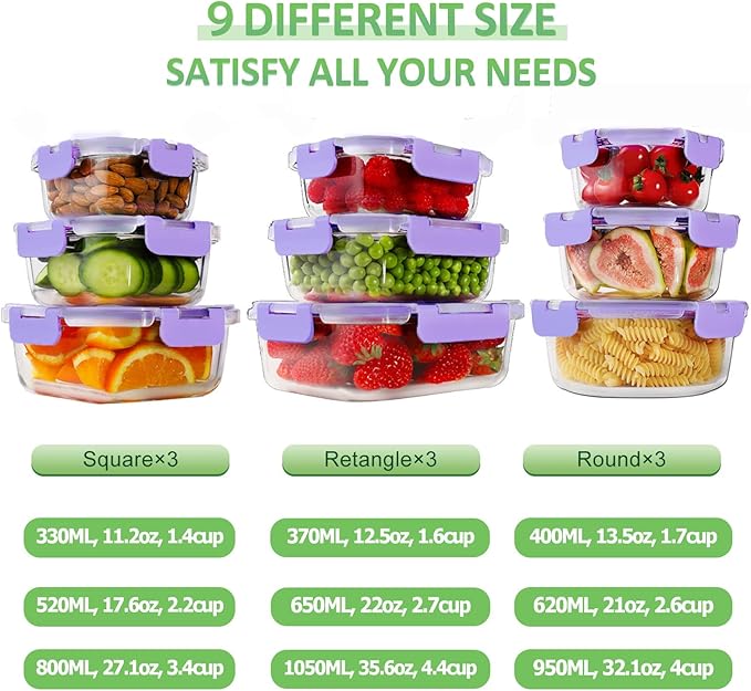 HOMBERKING Glass Food Storage Containers with Lids, 18 Piece Meal Prep Containers, Airtight Lunch Bento Boxes, BPA-Free & Leak Proof (9 Lids & 9 Containers) - Purple