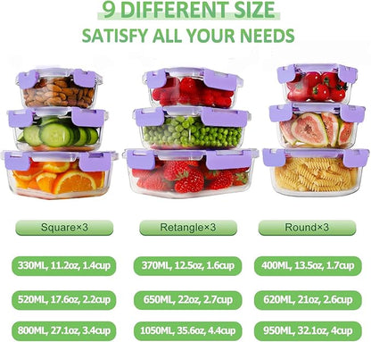HOMBERKING Glass Food Storage Containers with Lids, 18 Piece Meal Prep Containers, Airtight Lunch Bento Boxes, BPA-Free & Leak Proof (9 Lids & 9 Containers) - Purple