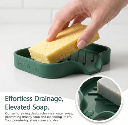 MicoYang Silicone Bathroom Soap Dishes with Drain Spout-Bathroom and Kitchen Sink Organizer,Sponge Holder,Dish Soap Tray,Perfect for Dispenser,Scrubber,Bottle,Cup on Sink or Counter-Green 4.9"×3.2"