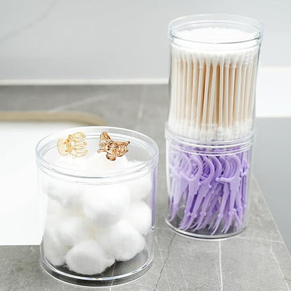 SheeChung 2-Pack Qtip Holder with Storage Lids - Clear Plastic Apothecary Jars for Bathroom Organization - Shatterproof Cotton Swab Dispenser with Labels - 10oz Vanity Counter Organizer