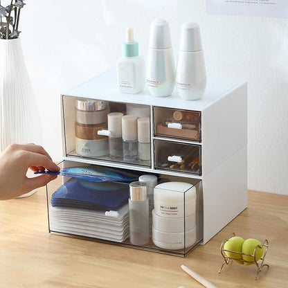 Marknor Desk Organizer with 4 Drawers, Makeup Organizer, Plastic Sundries Storage, Vanity Organizer, Cosmetic Storage Organizer, Desk Storage Box, Bathroom Counter or Dresser, White (CD-QBH-01)