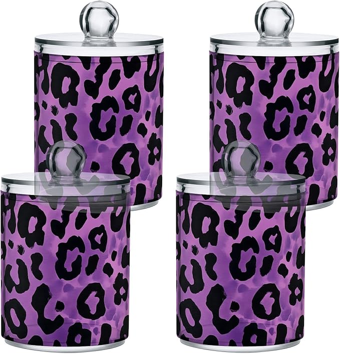 ALAZA 2 Pack Qtip Holder Dispenser for Cotton Ball Leopard Purple Print Pattern Cotton Swab Round Pads Clear Plastic Acrylic Jar Set Bathroom Canister
