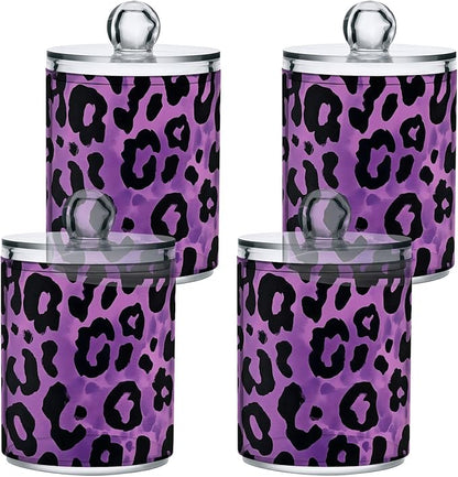 ALAZA 2 Pack Qtip Holder Dispenser for Cotton Ball Leopard Purple Print Pattern Cotton Swab Round Pads Clear Plastic Acrylic Jar Set Bathroom Canister