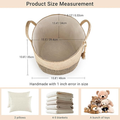 Mkono Woven Storage Basket Decorative Rope Basket Wooden Bead Decoration for Blankets,Toys,Clothes,Shoes,Plant Organizer Bin with Handles Living Room Home Decor, Yellow and Black, 16" W × 13.8"