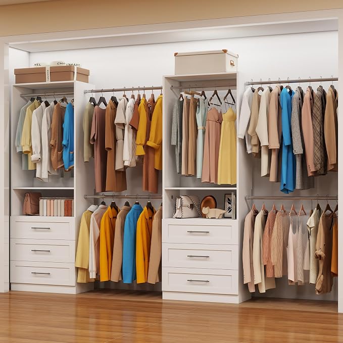 Closet System with 2 Set, 4FT-15FT Closet Organizer System with 6 Wooden Drawers Walk-in Closet Storage System with 10 Expandable Hanging Rods Garment Rack Wall Mount White