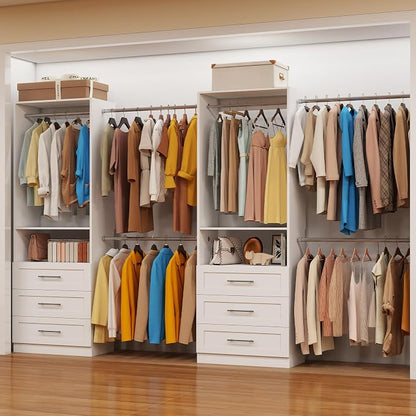 Closet System with 2 Set, 4FT-15FT Closet Organizer System with 6 Wooden Drawers Walk-in Closet Storage System with 10 Expandable Hanging Rods Garment Rack Wall Mount White