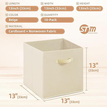 STORAGE MANIAC Storage Cubes, 13 Inch Collapsible Storage Bins with Handles, 10 Pack Fabric Foldable Bins for Organization, Durable Storage Bins for Closet, Shelves, Offices, Toys, 10-Pack Beige