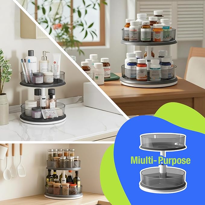 2 Tier Lazy Susan Turntable Organizer for Medicine Cabinet Bottle Pantry Countertop with Clear Large Spice Rack 11 Inch Grey