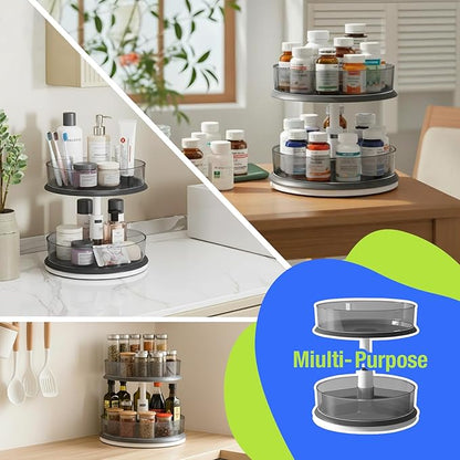 2 Tier Lazy Susan Turntable Organizer for Medicine Cabinet Bottle Pantry Countertop with Clear Large Spice Rack 11 Inch Grey