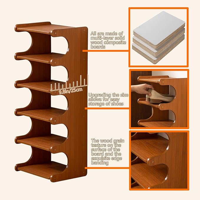 Tall Narrow Solid Wood Shoe Rack, 8 Tier Vertical Shoe Storage Tower, Freestanding Corner Organizer for Small Entryways, Slim Space-Saving Shoe Rack (12.6" L x 9.84" W x 44.1" H)