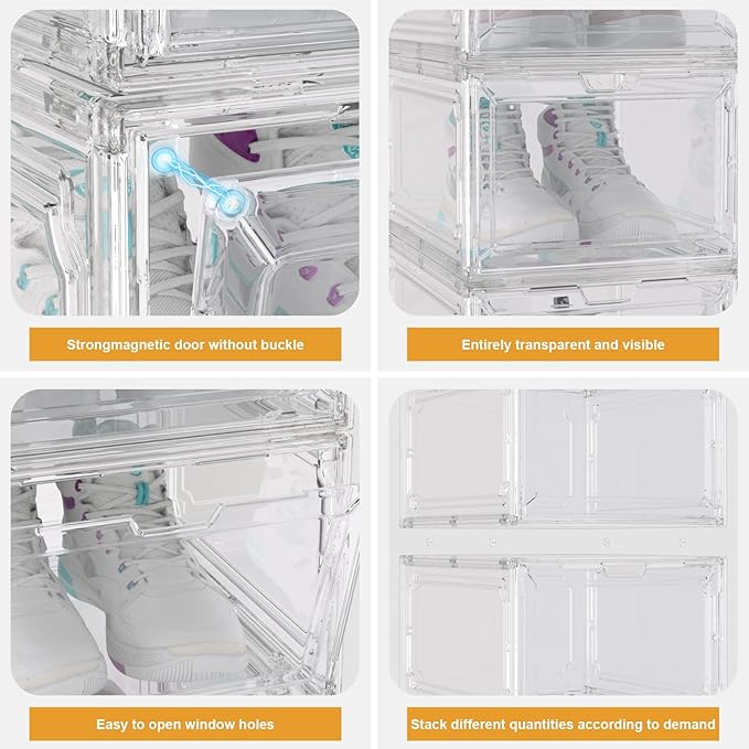 Shoe Box,Set of 6,Stackable Plastic Clear Shoe Box Organizer with Magnetic Door,Shoe Storage Box Thicken Sturdy,Easy Assembly,Fit up to US Size(Front opening door, Clear)