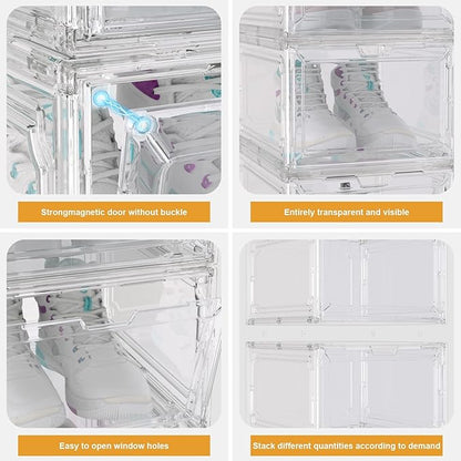 Shoe Box,Set of 6,Stackable Plastic Clear Shoe Box Organizer with Magnetic Door,Shoe Storage Box Thicken Sturdy,Easy Assembly,Fit up to US Size(Front opening door, Clear)