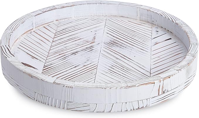 12 Inch Rustic Farmhouse Wood Lazy Susan Turntable for Table, Tomoaza White Herringbone Decorative Turntable Tray, Dining Table Centerpiece and Cabinet Organizer