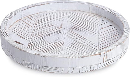 12 Inch Rustic Farmhouse Wood Lazy Susan Turntable for Table, Tomoaza White Herringbone Decorative Turntable Tray, Dining Table Centerpiece and Cabinet Organizer