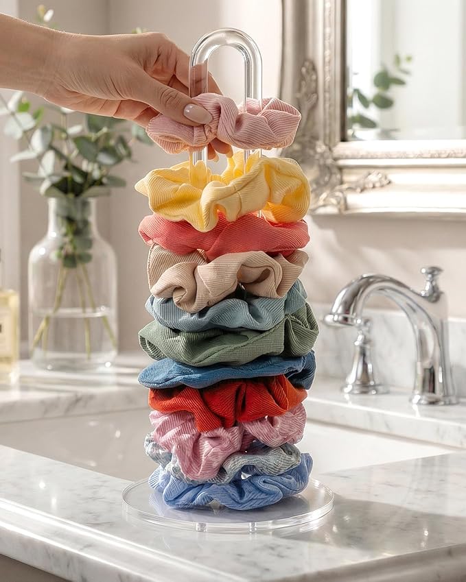 Acrylic Scrunchies Holder Stand Hair Accessories Organizer Simple transparent Scrunchies Tower Hold 25-35 Scrunchies Modern Vertical Hair Tie Organizer Jewelry Scrunchy Holder for Girls