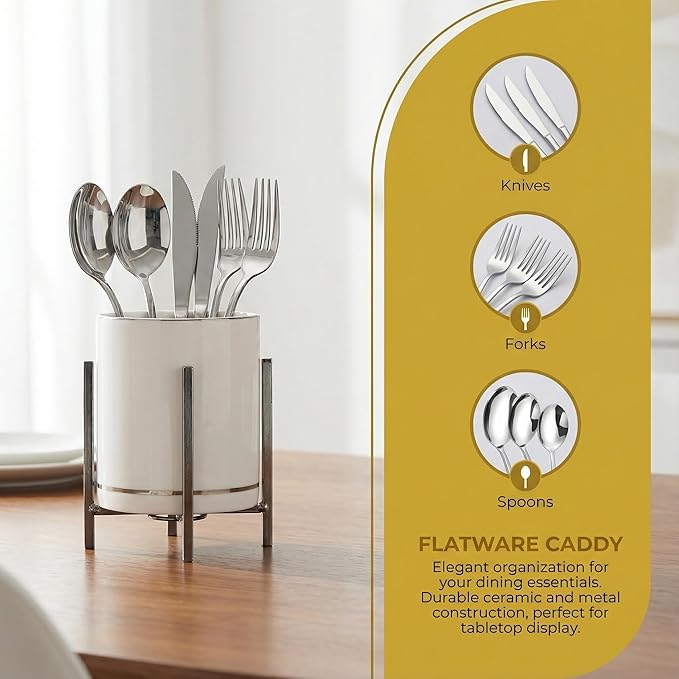 Ceramic Flatware Caddy, Silverware Caddy Cutlery Holder, Round Utensil Crock, Kitchen Utensil Holder for Countertop, Ceramic Cup wtih Rose Gold Trim and Rose Metal Bracket, 1 Pcs