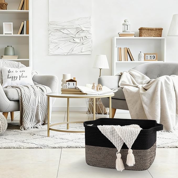 OIAHOMY Woven Storage Basket for Shelves, Rectangle Cotton Rope Baskets for Organizing, 16 x 12 x 10 in, Storage Bins for Dog Toys,Towel,Books,Gift,Black and Brown