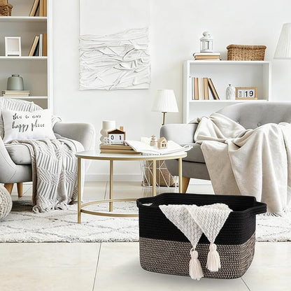 OIAHOMY Woven Storage Basket for Shelves, Rectangle Cotton Rope Baskets for Organizing, 16 x 12 x 10 in, Storage Bins for Dog Toys,Towel,Books,Gift,Black and Brown