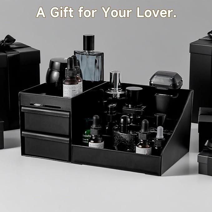 UFORU Large Black Vanity Organizer for Men, Countertop Cologne Organizer with Drawers, Perfume Stand & Mens Skincare Storage, Deodorant Display for Bathroom Bedroom Dresser, Ideal Gifts for Men