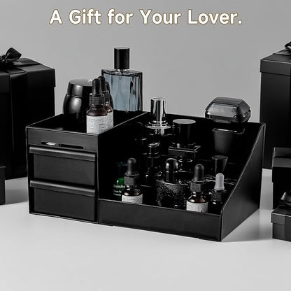 UFORU Large Black Vanity Organizer for Men, Countertop Cologne Organizer with Drawers, Perfume Stand & Mens Skincare Storage, Deodorant Display for Bathroom Bedroom Dresser, Ideal Gifts for Men
