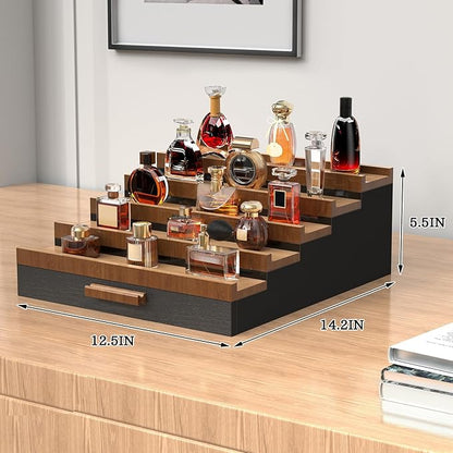 Wooden Cologne Organizer for Men 5 Tier of Perfume Display Holder of Drawer & 2 Hidden Compartments Larger Storage Space Mens Perfume Organizer Shelf Stand,Gift for Man (5T-Black Walnut)