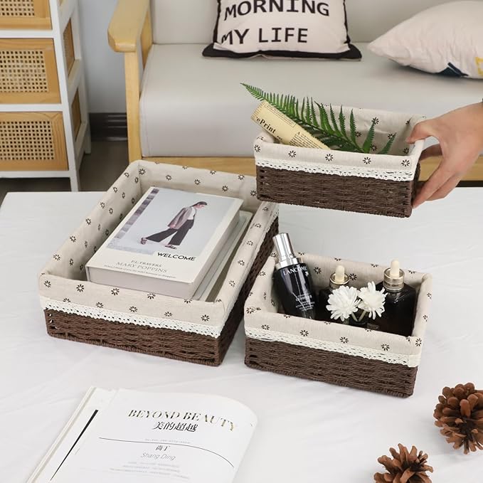 Woven Paper Rope Storage Basket Set with Handles & Liners,Set of 3- Cube Organizers Basket for Drawers, Shelves & Closets, Decorative Home Storage