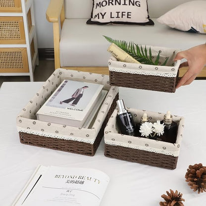 Woven Paper Rope Storage Basket Set with Handles & Liners,Set of 3- Cube Organizers Basket for Drawers, Shelves & Closets, Decorative Home Storage