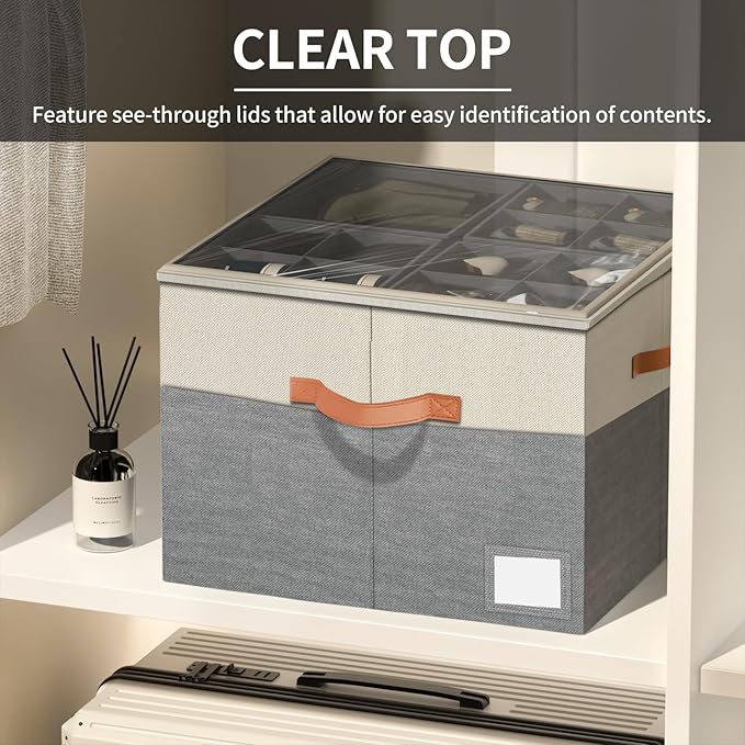 Aokeyee Shoe Organizer for Closet,2 Pack Foldable Shoe Storage Organizer Box Bin with Adjustable Dividers and Clear Cover, Fits up to 16-32 Pairs