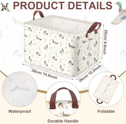 Mallard Duck Storage Basket Collapsible Waterproof Canvas Toy Storage Bin Basket with Leather Handles Farmhouse Wild Green Head Ducks Hunting Nursery Decor for Kids Bedroom Clothes Toys Books