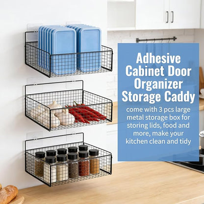 3 Pack Self Adhesive Cabinet Door Organizer - Metal Inside Cabinet Lid Storage Holder Wall Mounted Pantry Door Caddy for Kitchen Bathroom Pantry Under Sink