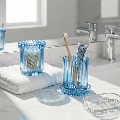 2 Pack Qtip Holder - Apothecary Jars with Lids, Bathroom Organizers and Storage Canister for Cotton Balls,Swabs,Floss Picks,Hair Ties,Clear Glass Vintage Bathroom Decor Jar Set (Blue)