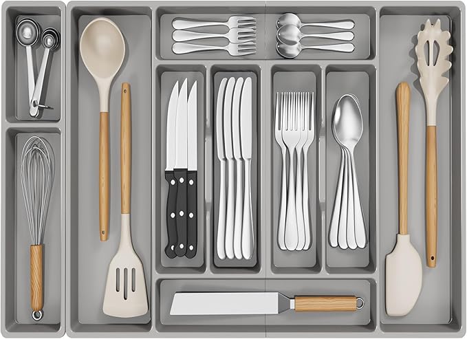 Lifewit Silverware Organizer, Plastic Kitchen Utensil Drawer Tray, Cutlery Flatware Storage Holder for Spoons Forks Knives, 28 x 16"/ 72 x 42cm, 10 Compartment, Gray