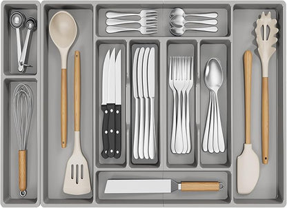 Lifewit Silverware Organizer, Plastic Kitchen Utensil Drawer Tray, Cutlery Flatware Storage Holder for Spoons Forks Knives, 28 x 16"/ 72 x 42cm, 10 Compartment, Gray