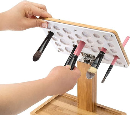 Bamboo Brush Makeup Cosmetic Air Drying Rack Tower Acrylic Folding Brushes Dryer Holder Display Organizer Stand with Silicone Brush Cleaner Mat Support Tray(26 Hole, FULLY ASSEMBLED) – MK288B