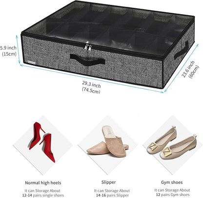 Onlyeasy Under Bed Shoe Storage Organizer For Closet, 4 Pack Fit 12x4 Pairs, Underbed Solution Shoes Container Bags with Sturdy Sidewall & Reinforced Handles, Breathable, Linen-like Black, MXAUBSB4P