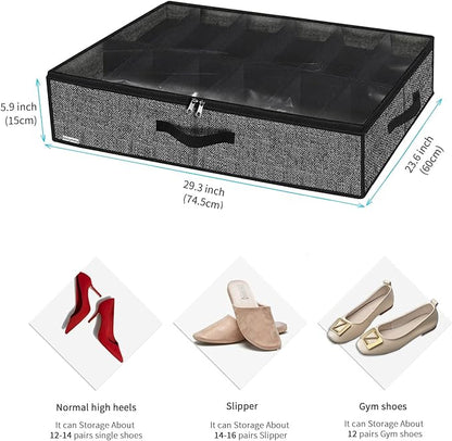Onlyeasy Under Bed Shoe Storage Organizer with Sturdy Handles and Clear Window 1 Pack Fits 12 Pairs, Premium Foldable Underbed Shoes Container Box for Closet, Linen-like Black, MXAUBSB1P