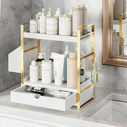 2-Tier Bathroom Counter Organizer with Drawer and Basket, Wood Countertop Organizer for Storage, Skincare Organizers for Vanity, Counter Shelf for Bathroom Organization(White-gold)