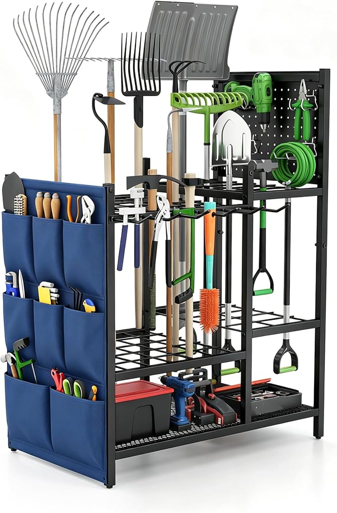 Garden Tool Organizer with Pegboard, Yard Tool Holder Standing for Garage Organization, Up to 30 Long-Handled/10 D-Handled Tools/Rake/Broom/Shovel/, with Side Storage Pocket