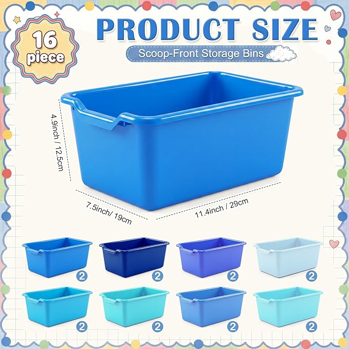 Dandat 16 Pcs Plastic Book Bins for Classroom Library Cubby Bins Scoop Front Stackable Toy Storage Tubs Containers for School Office Home Nursery Playroom Organization (Blue Series)