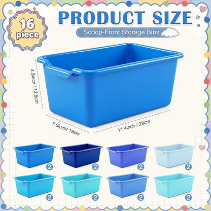 Dandat 16 Pcs Plastic Book Bins for Classroom Library Cubby Bins Scoop Front Stackable Toy Storage Tubs Containers for School Office Home Nursery Playroom Organization (Blue Series)