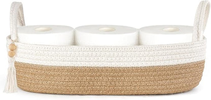 Mkono Small Storage Basket for Toilet Tank Top Boho Bathroom Decor Woven Rope Toilet Paper Tray Organizer for Shelf Bedroom Living Room, Brown and White, 1 Pack, 15.7" L x 6" W