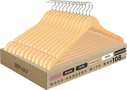 Quality Wooden Clothes Hangers, Solid Wood Suit & Coat Hangers with Pants Bars, Swivel Hook, Shoulder Notches, Heavy Duty Hangers for Shirts, Jackets, Dresses & Trousers(Natural Wood/108-Pack)