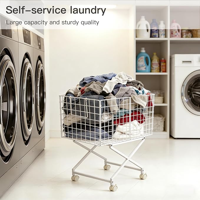 Rolling Laundry Basket with Wheels - 27" Elevated Wire Laundry Hamper, 80L Sturdy Metal Laundry Cart, 10-Min 8-Screw Assembly, Ergonomic No-Bending Mobile Clothes Bin for Laundry Room (White)