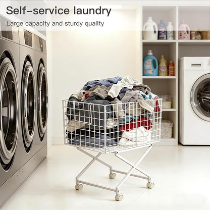Rolling Laundry Basket with Wheels - 27" Elevated Wire Laundry Hamper, 80L Sturdy Metal Laundry Cart, 10-Min 8-Screw Assembly, Ergonomic No-Bending Mobile Clothes Bin for Laundry Room (White)