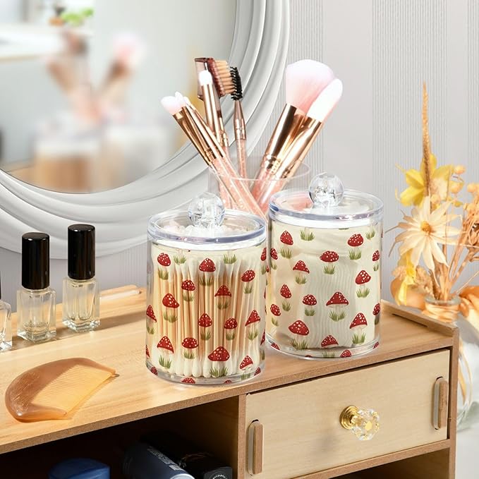 Milk Cow Qtip Holder with Lid 2PCS Apothecary Jars Storage Containers, Clear Plastic Canister for Cotton Swab,Floss Picks, Cosmetics (Red Mushrooms, one sizex2)
