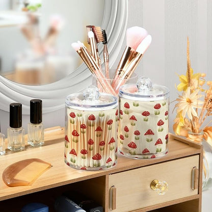 Milk Cow Qtip Holder with Lid 2PCS Apothecary Jars Storage Containers, Clear Plastic Canister for Cotton Swab,Floss Picks, Cosmetics (Red Mushrooms, one sizex2)